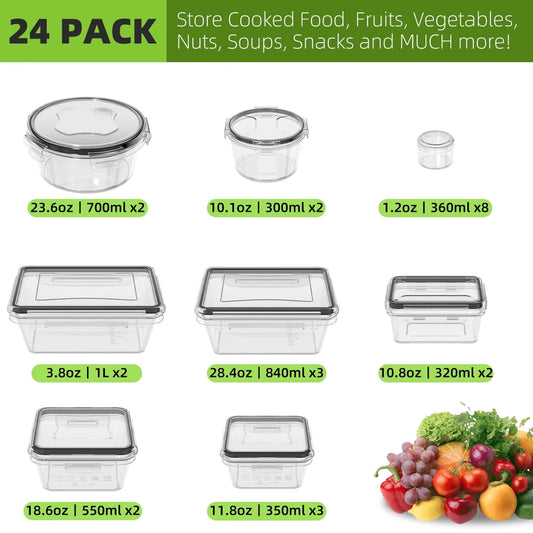 48 PCS Food Storage Containers with Lids Airtight, Plastic Lunch Containers for Pantry Kitchen Organization Storage, Leakproof Meal Prep Containers (24 Lids + 24 Containers) with Labels & Marker